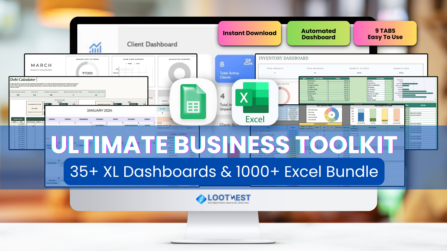 Ultimate Business Toolkit | 35+ XL Dashboards & 1000+ Excel Bundle